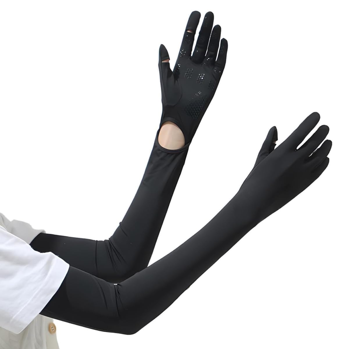 PALAY UV Protection Arm Sleeves Nylon Ice Silk Arm Sleeves with One Piece Gloves, Open Finger Tip & Anti-slip Palm Design Outdoor Cool Arm Sleeve for Driving, Cycling, Gardening - Black PALAY UV Protection Arm Sleeves Nylon Ice Silk Arm Sleeves with One Piece Gloves, Open Finger Tip & Anti-slip Palm Design Outdoor Cool Arm Sleeve for Driving, Cycling, Gardening - Black